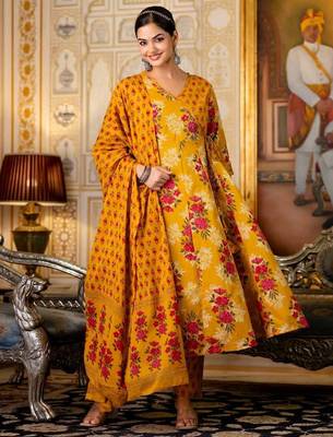 Floral printed yellow v neck cotton kurta set with trouser & dupatta 3