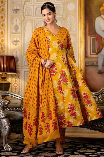 Floral printed yellow v neck cotton kurta set with trouser & dupatta
