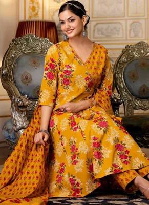 Floral printed yellow v neck cotton kurta set with trouser & dupatta 4
