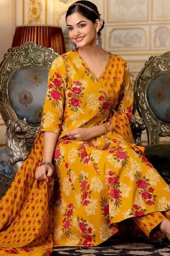 Floral printed yellow v neck cotton kurta set with trouser & dupatta