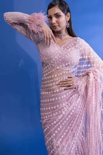 Pink Color Embroidery Work Net Saree