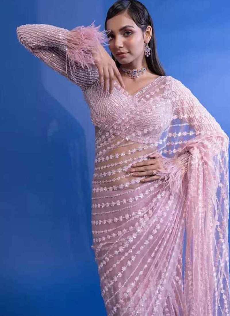 Pink Color Embroidery Work Net Saree