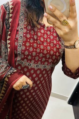 Floral printed red round neck cotton kurta set with trouser & dupatta