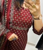 Floral printed red round neck cotton kurta set with trouser & dupatta