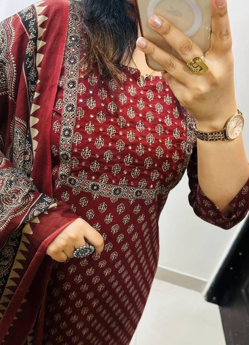 Floral printed red round neck cotton kurta set with trouser & dupatta