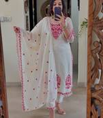 Floral embroidered white round neck cotton kurta set with trouser & dupatta