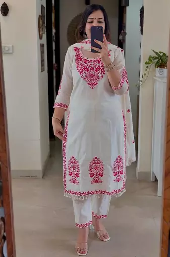 Floral embroidered white round neck cotton kurta set with trouser & dupatta