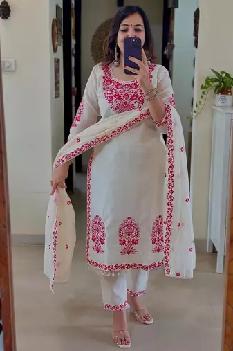 Floral embroidered white round neck cotton kurta set with trouser & dupatta