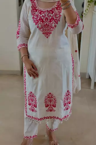 Floral embroidered white round neck cotton kurta set with trouser & dupatta