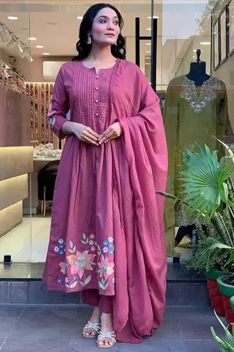 Floral embroidered lilac round neck cotton kurta set with trouser & dupatta