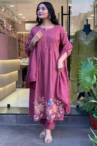 Floral embroidered lilac round neck cotton kurta set with trouser & dupatta