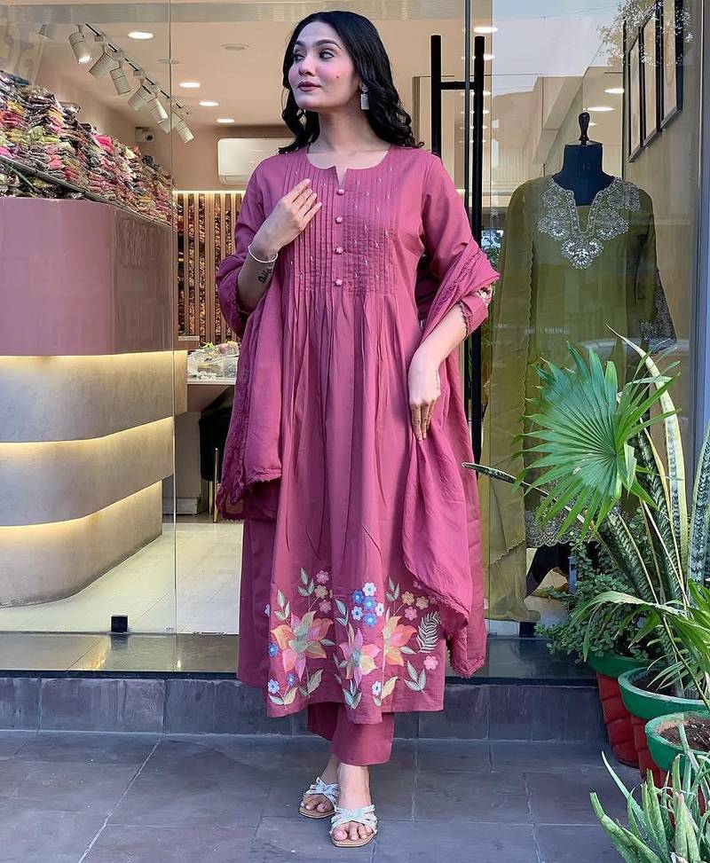 Floral embroidered lilac round neck cotton kurta set with trouser & dupatta