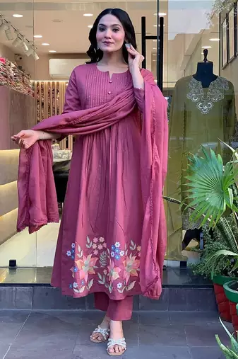 Floral embroidered lilac round neck cotton kurta set with trouser & dupatta