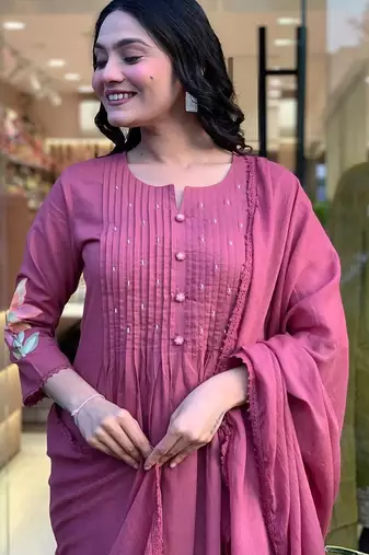 Floral embroidered lilac round neck cotton kurta set with trouser & dupatta
