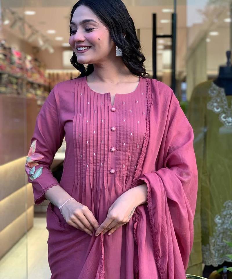 Floral embroidered lilac round neck cotton kurta set with trouser & dupatta