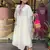 Floral embroidered white round neck chanderi kurta set with trouser & dupatta