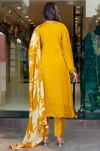 	Mustard Chinon Silk Festive Wear Readymade Suit For Girlie Looks