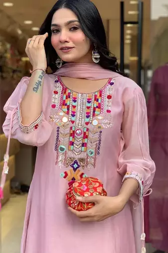 Floral embroidered pink round neck chanderi kurta set with trouser & dupatta