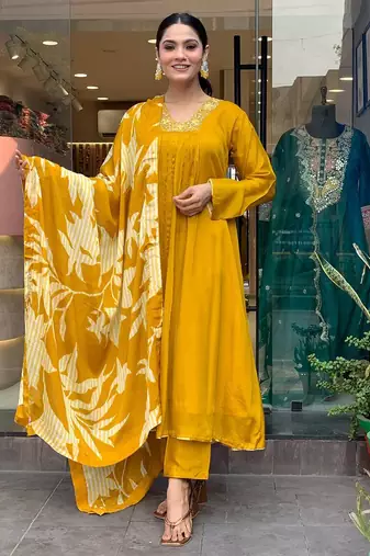 	Mustard Chinon Silk Festive Wear Readymade Suit For Girlie Looks