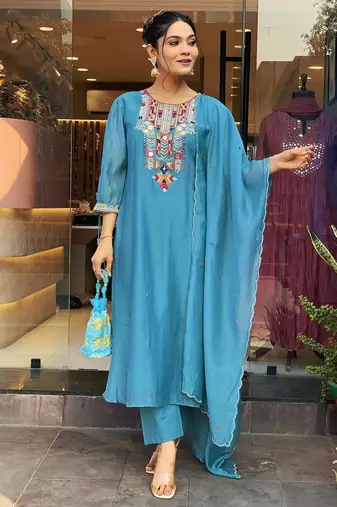 Floral embroidered blue round neck chanderi kurta set with trouser & dupatta