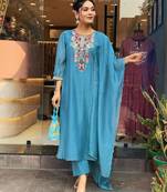 Floral embroidered blue round neck chanderi kurta set with trouser & dupatta