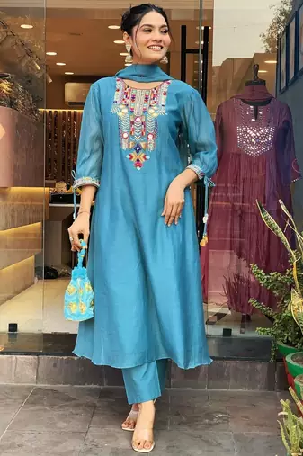 Floral embroidered blue round neck chanderi kurta set with trouser & dupatta