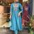 Floral embroidered blue round neck chanderi kurta set with trouser & dupatta