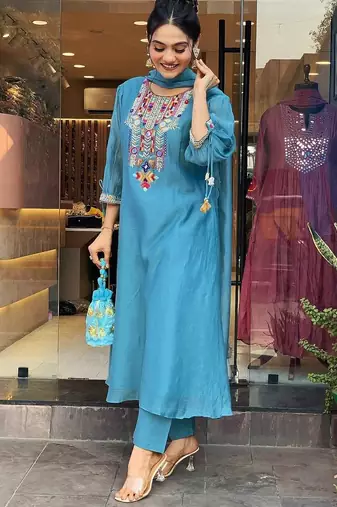Floral embroidered blue round neck chanderi kurta set with trouser & dupatta