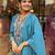 Floral embroidered blue round neck chanderi kurta set with trouser & dupatta