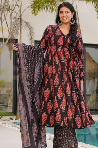 Floral printed black v neck cotton kurta set with trouser & dupatta