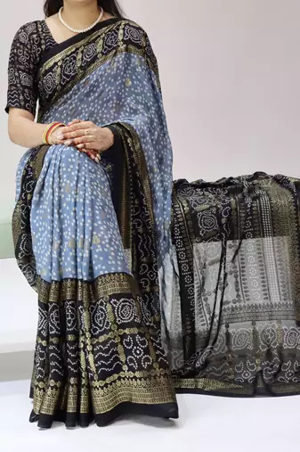 blue color bandhni printed with foil work moss art silk saree with unstitched blouse
