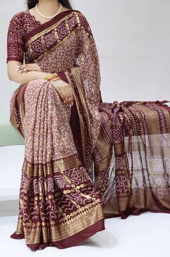 coffee color bandhni printed with foil work moss art silk saree with unstitched blouse