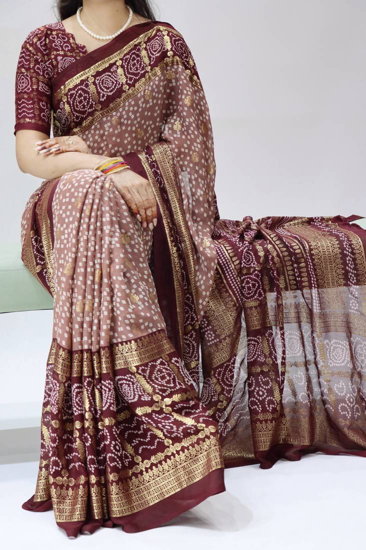 coffee color bandhni printed with foil work moss art silk saree with unstitched blouse