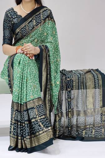 green color bandhni printed with foil work moss art silk saree with unstitched blouse