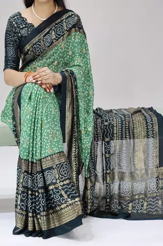 green color bandhni printed with foil work moss art silk saree with unstitched blouse