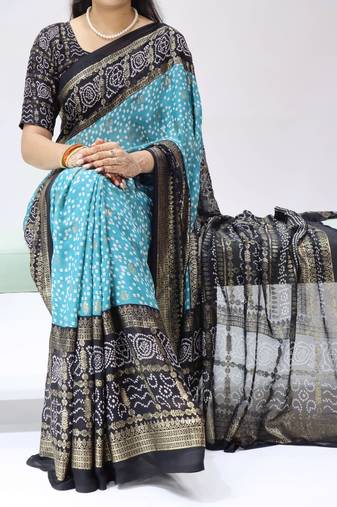 sky color bandhni printed with foil work moss art silk  saree with unstitched blouse
