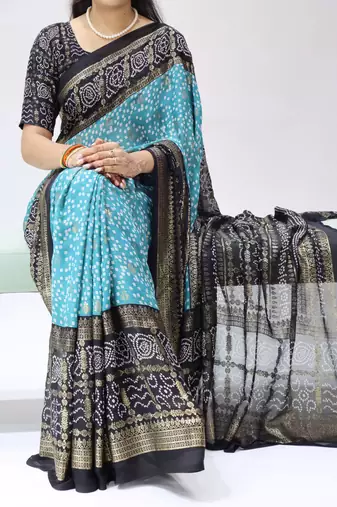 sky color bandhni printed with foil work moss art silk  saree with unstitched blouse