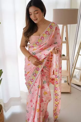 pink color embroidered chinon silk blend saree