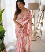 pink color embroidered chinon silk blend saree