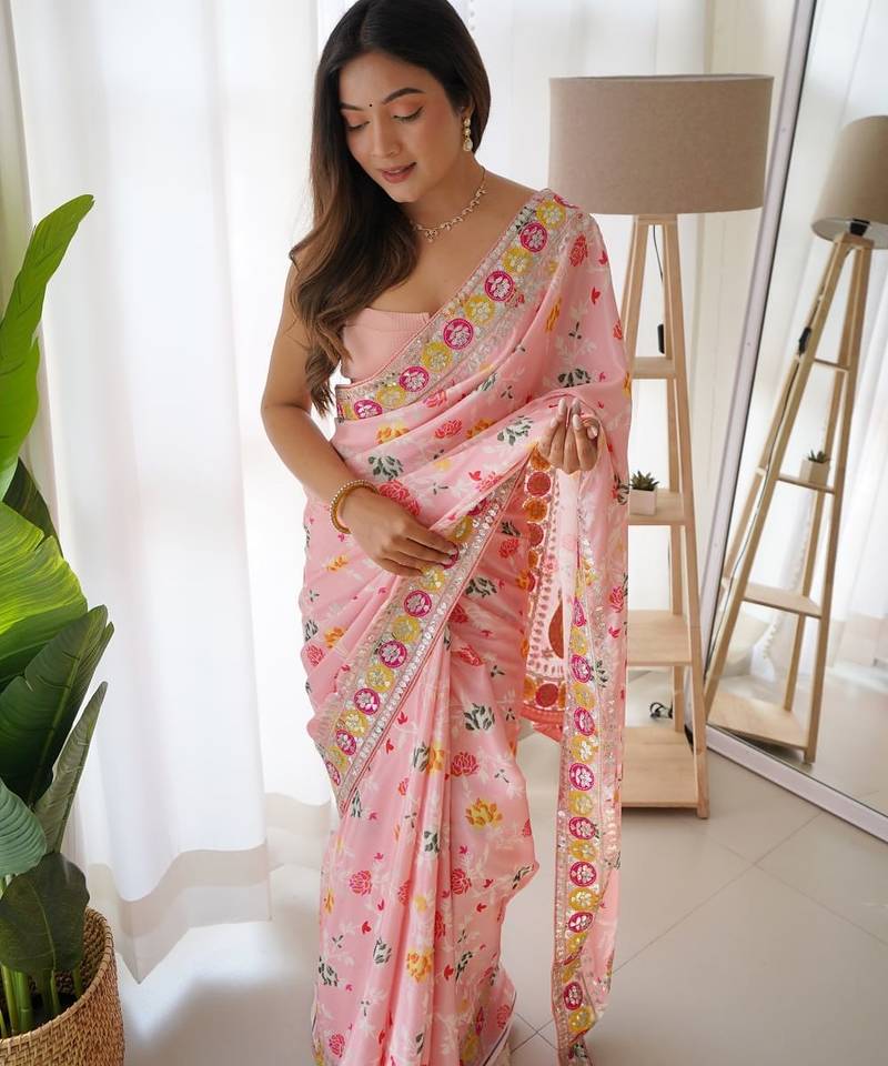 pink color embroidered chinon silk blend saree