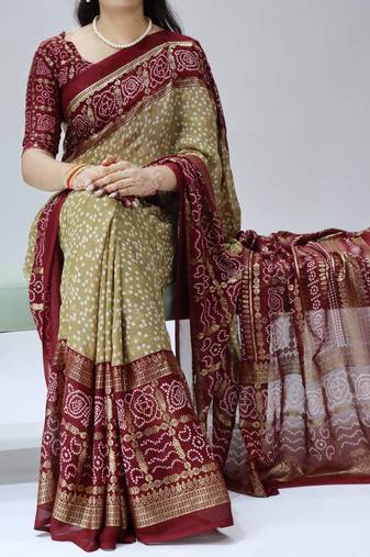 yellow color bandhni printed with foil work moss art silk saree with unstitched blouse