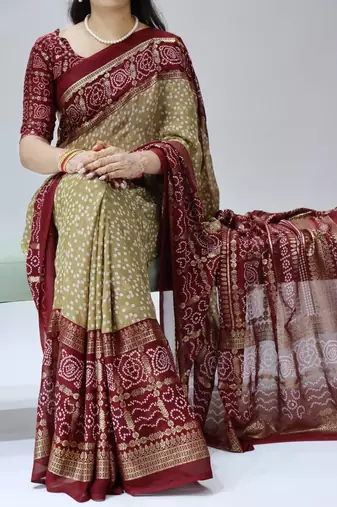 yellow color bandhni printed with foil work moss art silk saree with unstitched blouse