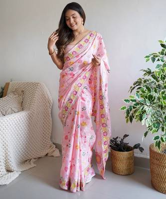 pink color embroidered chinon silk blend saree 2
