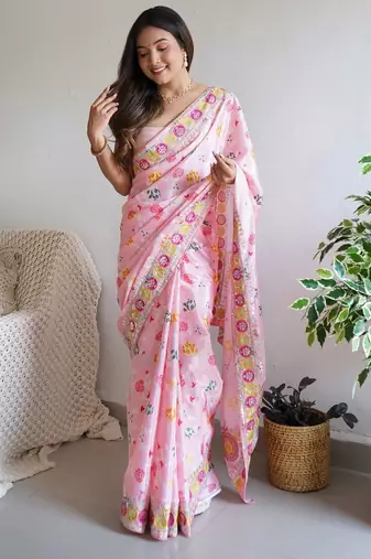 pink color embroidered chinon silk blend saree