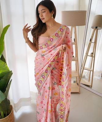 pink color embroidered chinon silk blend saree 3