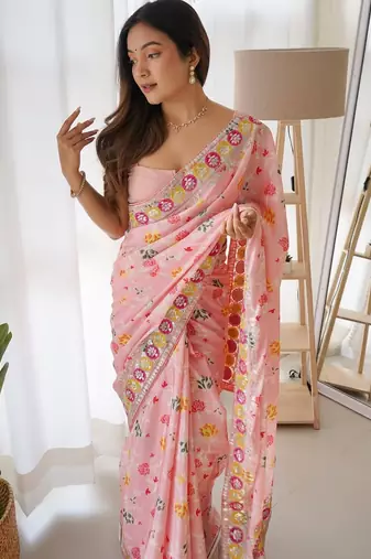 pink color embroidered chinon silk blend saree