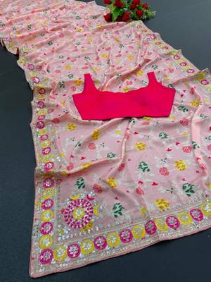 pink color embroidered chinon silk blend saree 4