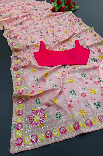 pink color embroidered chinon silk blend saree