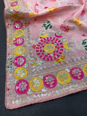 pink color embroidered chinon silk blend saree 5