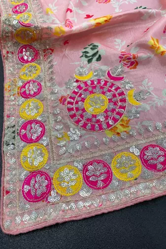 pink color embroidered chinon silk blend saree